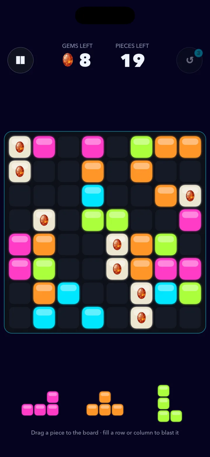 Square Blast — an Adventure level with gems locked in the board